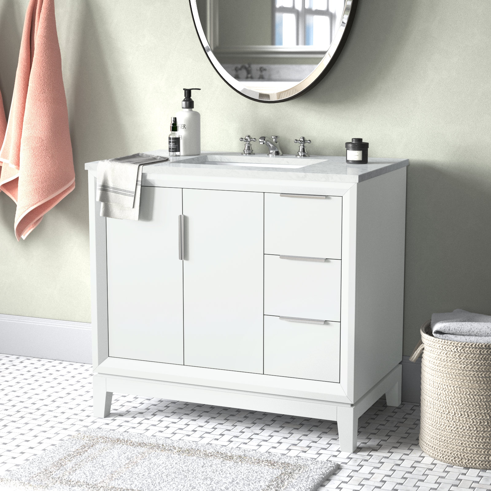 Wade Logan Elizabeth 36" Carrara White Marble Countertop Bath Vanity ...